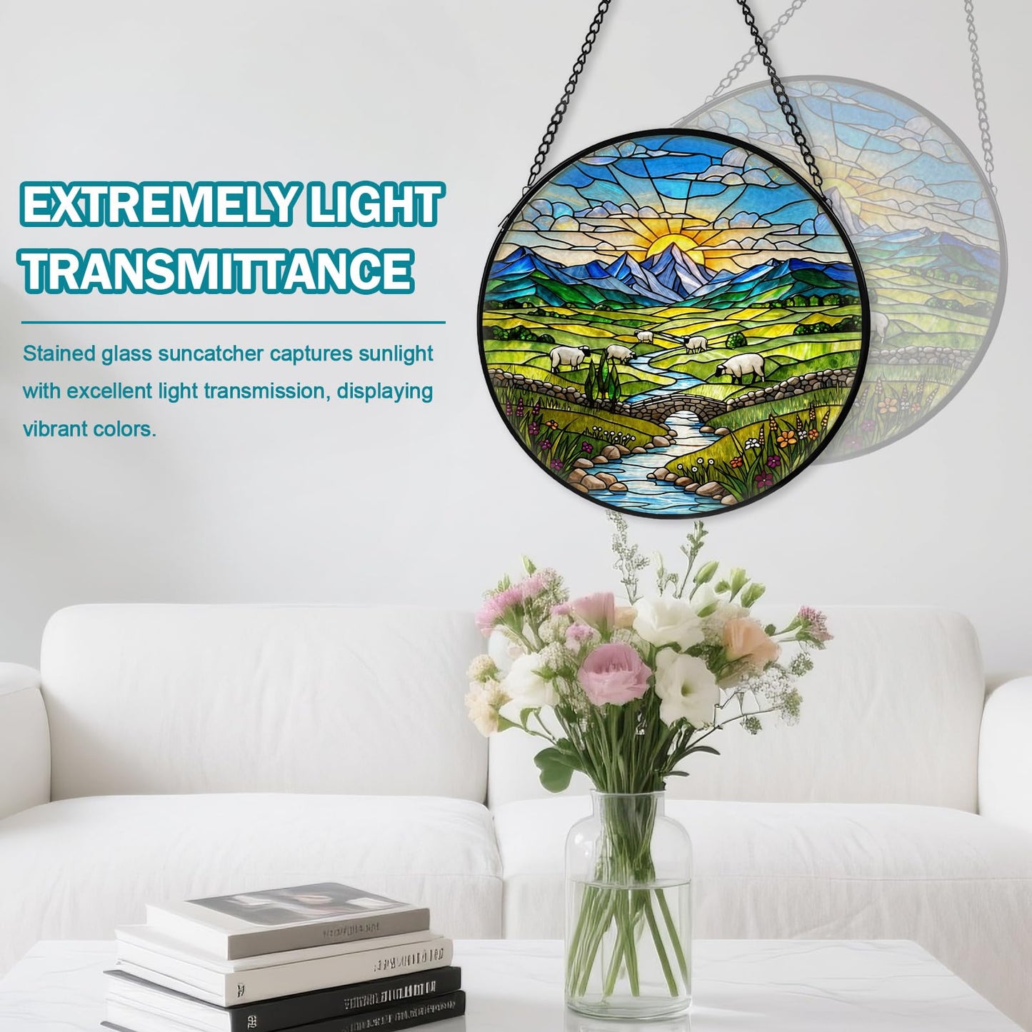 Green Irish Hills Stained Glass Window Hanging, Suncatcher for Window Hanging, Sun Catchers Indoor Windows Wall Art for Nature Lovers, Suncatcher for Home Garden Office 7.87 inches