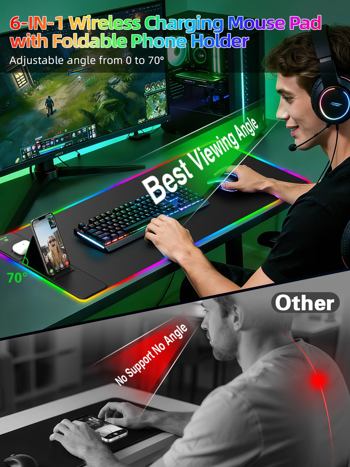 Mouse Pad with Wireless Charger Foldable Phone Holder, XXL RGB Gaming Mousepad 31.5"x15.8" Large Desk Mat for Keyboard, Black Desk Pad with Dual Qi Charging Station, 11 Colors 5 Modes