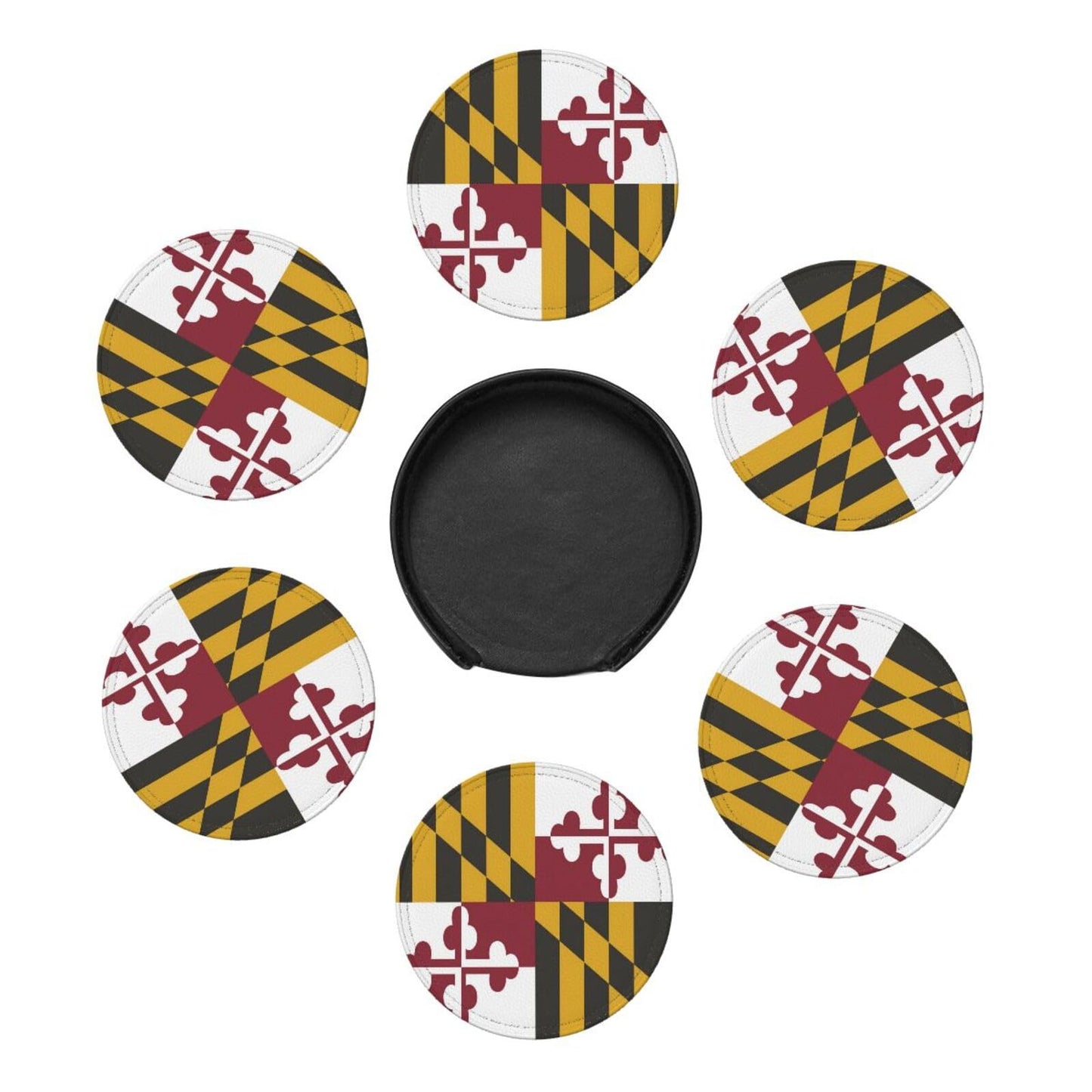 6 Pack Maryland State Flag Leather Coaster with Holder for Drinks- Heat Resistant Non-Slip National Flag Funny Coasters for Wooden Table Coffee Bar Kitchen Decor Housewarming, Set of 6