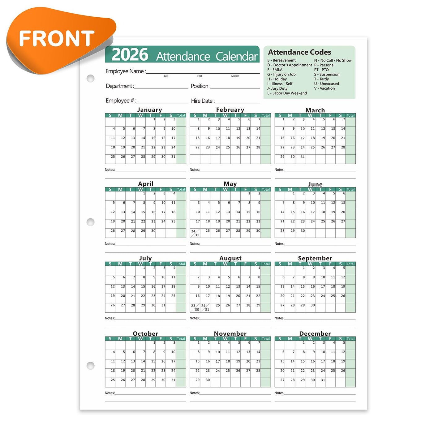 VistaRise 2026 Attendance Calendar, Employee Work Tracker Attendance Calendar cards - 3-Hole Punched for Binder, Cardstock, 8.5 x 11 in (Letter Size), Pack of 25 Sheets, Green