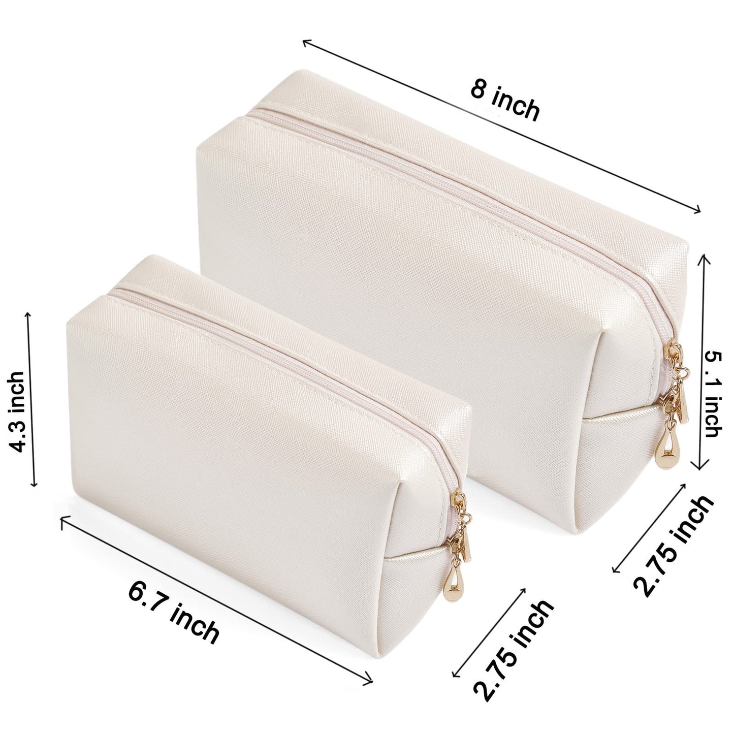 2pcc set PU Leather Cosmetic Bag for Women Minimalism Makeup Bag for Daily Use Portable Storage Purse Small Neat Cosmetic Pouch Water-resistant Toiletry Bag for Travel (Ivory White)