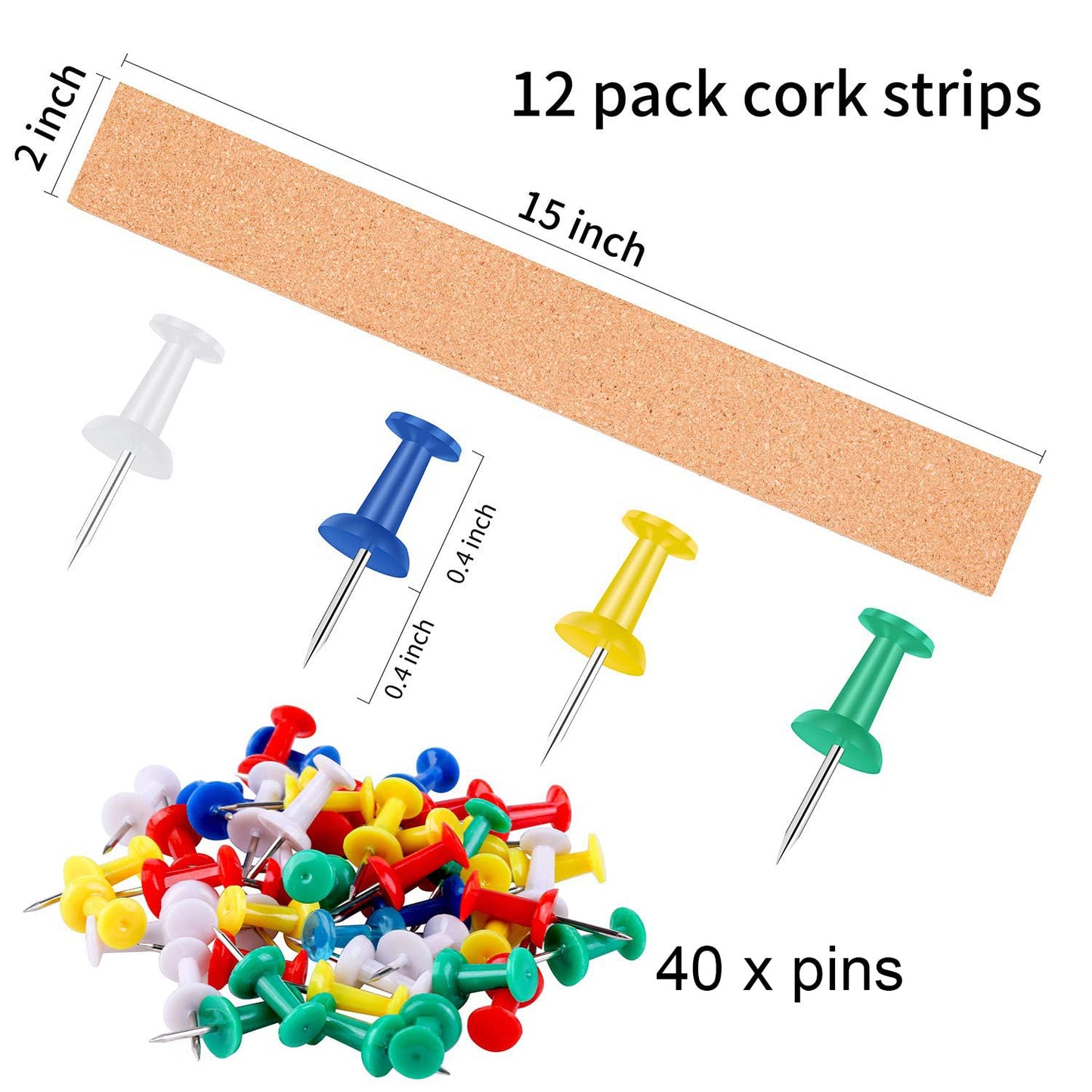 Cooraby 12 Pack Cork Strips 15 x 2 Inch Frameless Self-Adhesive Cork Board with 40 Pieces Cork Board Pins for Classroom Office