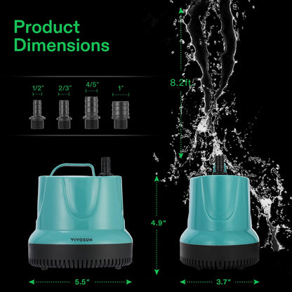 VIVOSUN 660GPH 40W Submersible Pump for Fish Tank, Pond, Aquarium, Hydroponic Systems with 5ft Power Cord and 4 Nozzles Blue