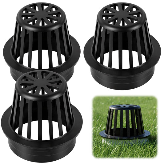 (3-Pack) Calvana 4” Round Atrium Drain Grate Cover, Compatible with NDS 78A, Fits 4” Sewer and Drain Pipe Fittings, Perfect for Small Lawns, Landscaping, Patios, Extra Tough Polyethylene, Black