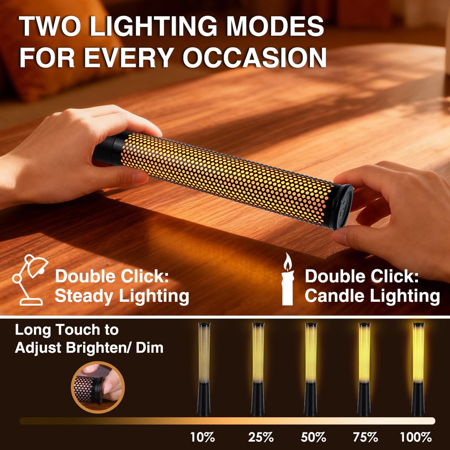 KOOSTONE LED Candle Light for Home Party Decor, Rechargeable Flame Lamp for Garden/Camping, Dimmable Flameless Candle Lamp for Halloween Christmas Decoration, Aluminum Alloy (2 Pack)