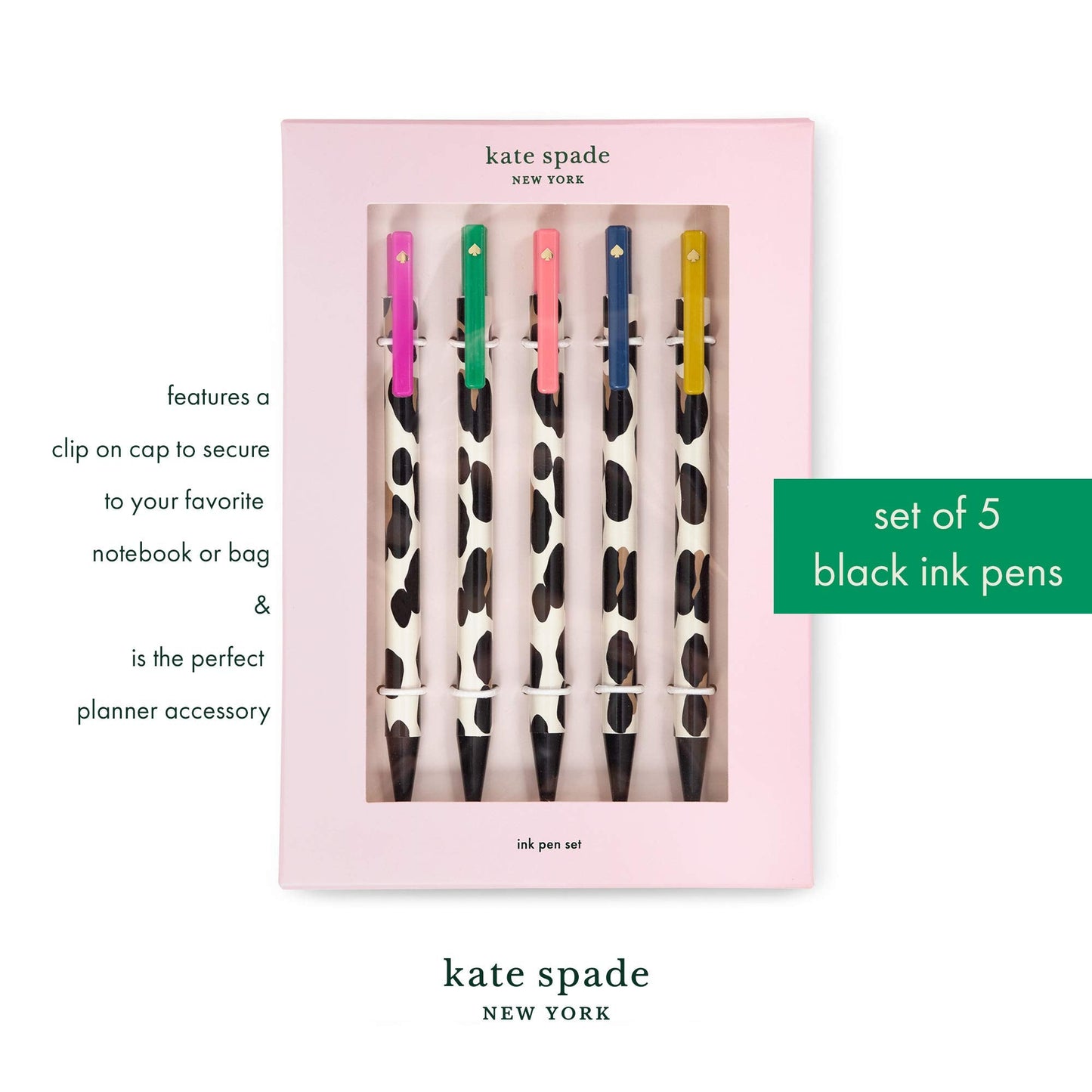 kate spade new york Black Ink Pen Set of 5, Cute Leopard Click Pens, Plastic Retractable Pens for Writing and Journaling, Forest Feline