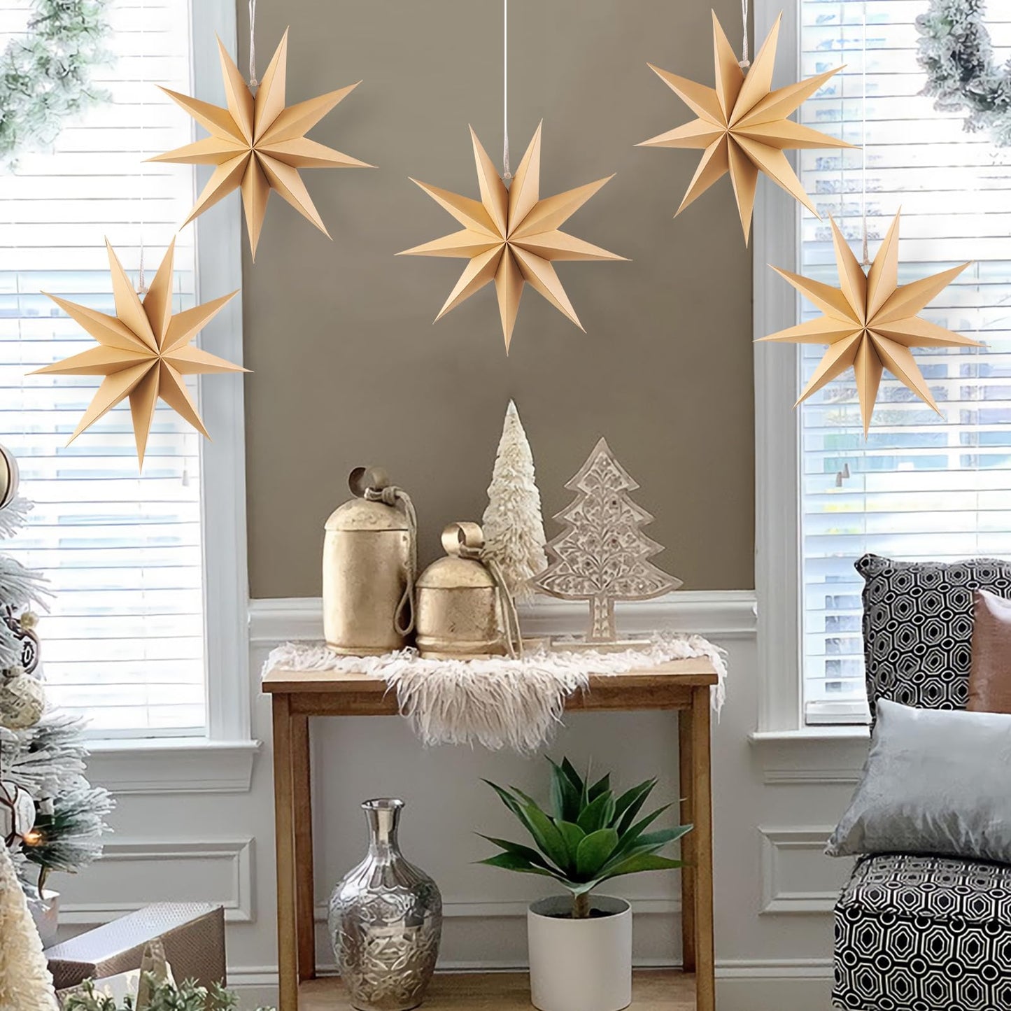 SUNBEAUTY 5 Pcs 9-Pointed Natural Paper Star Lanterns 12 Inch Christmas Hanging Lamp Rustic Paper Decorations Shade Wedding Birthday Christmas Home Party Decorations