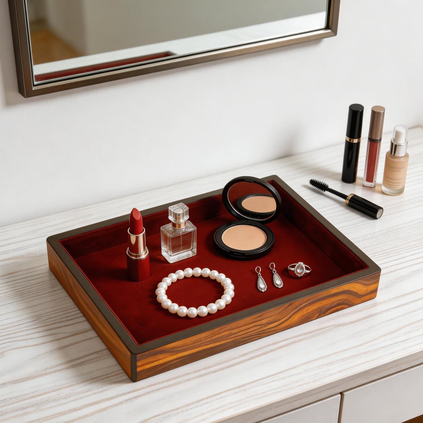 Socospace Wooden Valet Tray with Velvet Lining, EDC Desktop Catchall Organizer, Storage Tray for Jewelry, Wallets, Watches, Keys, Glasses, Perfect for Nightstand, Dresser, Entryway Bedside