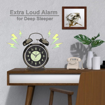 Lesipee Loud Alarm Clock for Heavy Sleeper, Clocks for Bedroom, 4'' Battery Operated Metal Clocks with Night Light, Retro Analog Clock for Student with Luminous dial Non-Ticking, Back to School