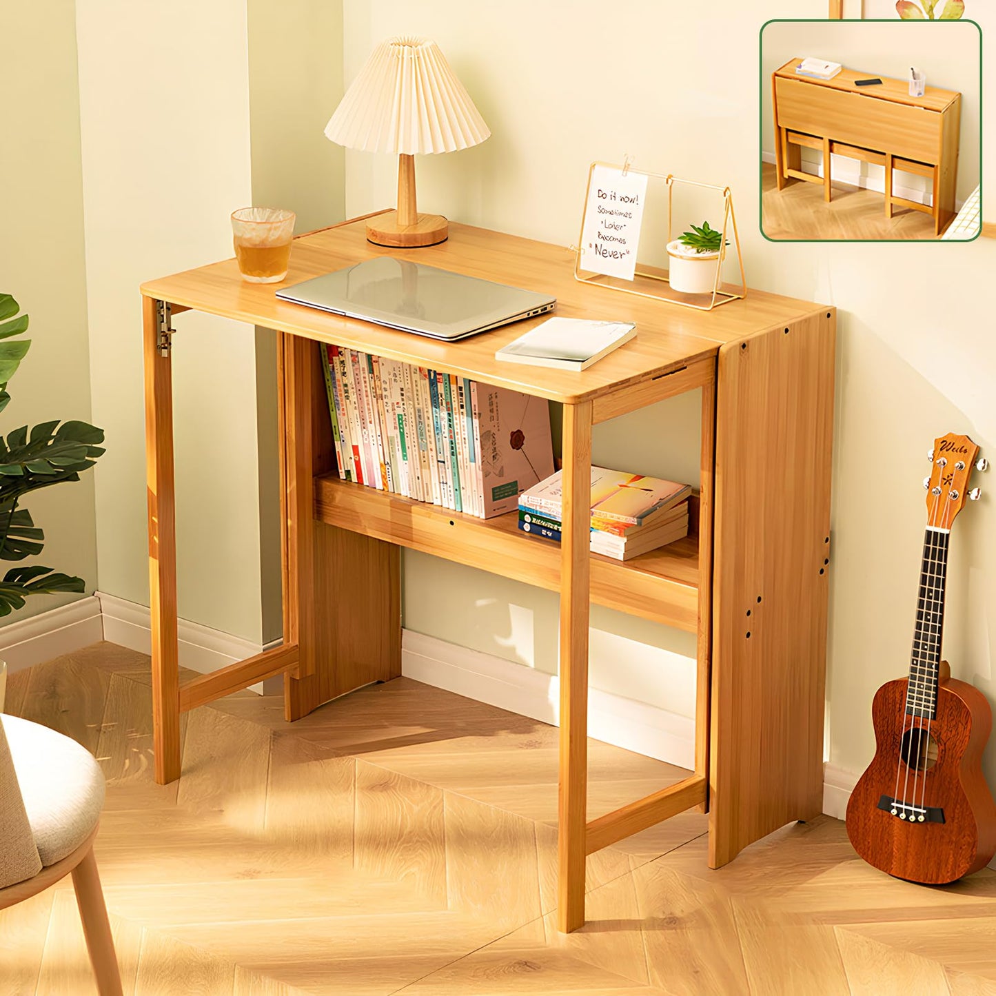 Dezyfurni Bamboo Folding Desk Mid Century Modern Desk for Home Office Bedroom Small Spaces，Natural