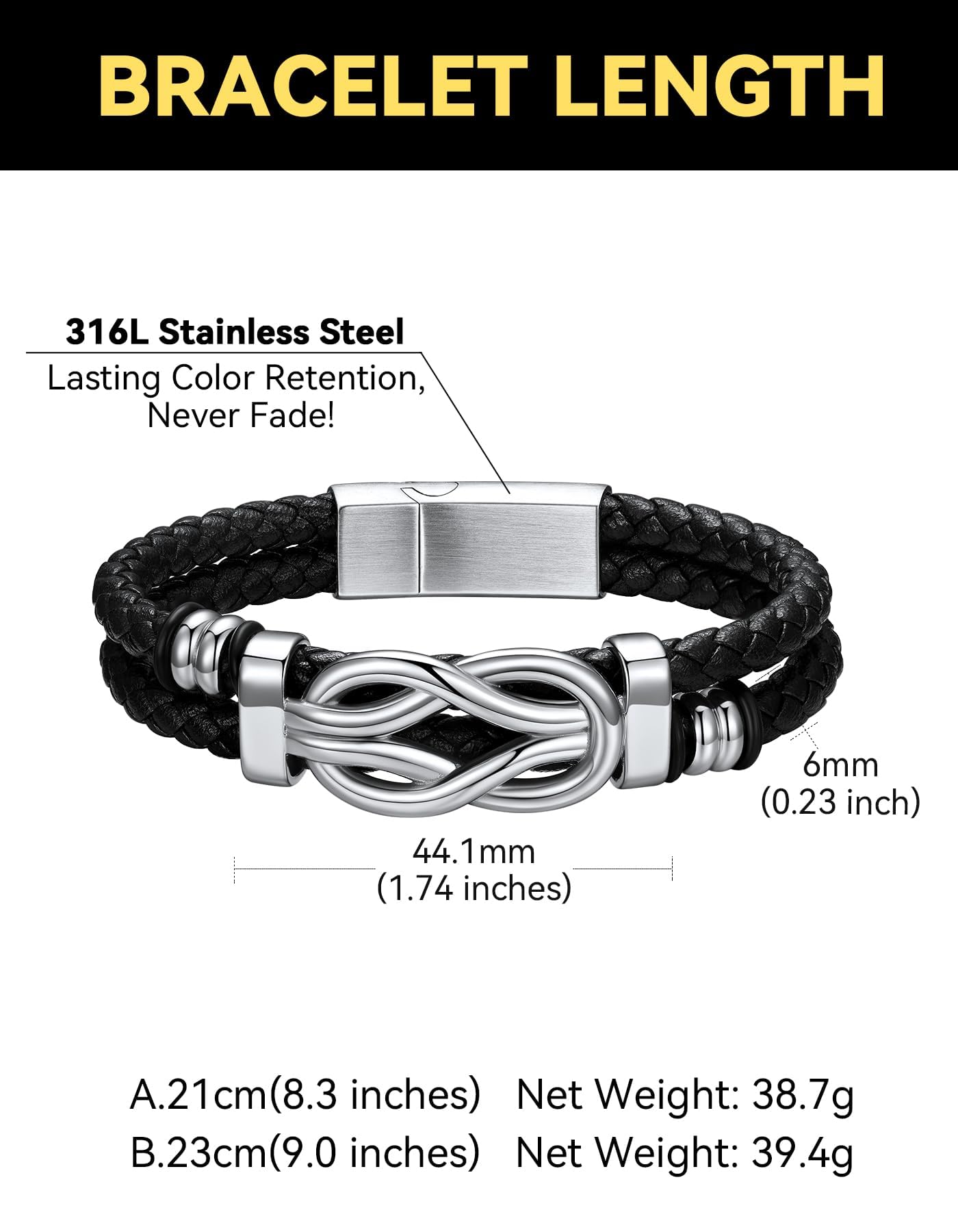 ChainsHouse Mens Leather Bracelet Idea Gift for Man Square Infinity Love Knot Braided Beaded Leather Cuff Bracelet 8.3 Inches Birthday Gifts for Men