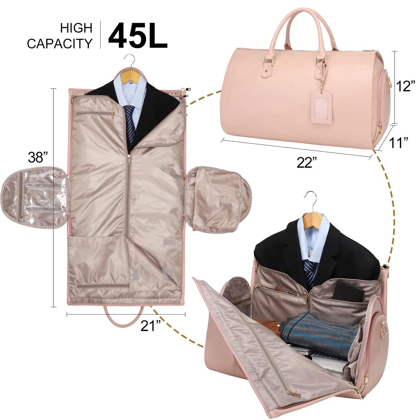 Modoker Women Convertible Leather Garment Bag with Shoulder Strap, Carry on Garment Duffel Bag - 2 in 1 Hanging Suitcase Suit Travel Bags Pink
