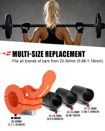 ZY-HUAN Pro Barbell Clips 1 inch Barbell Clamps 0.9-1.18inch Quick Release Weight Clips for Bars Multi-Size Adjustable Olympic Barbell Clamps (Orange)