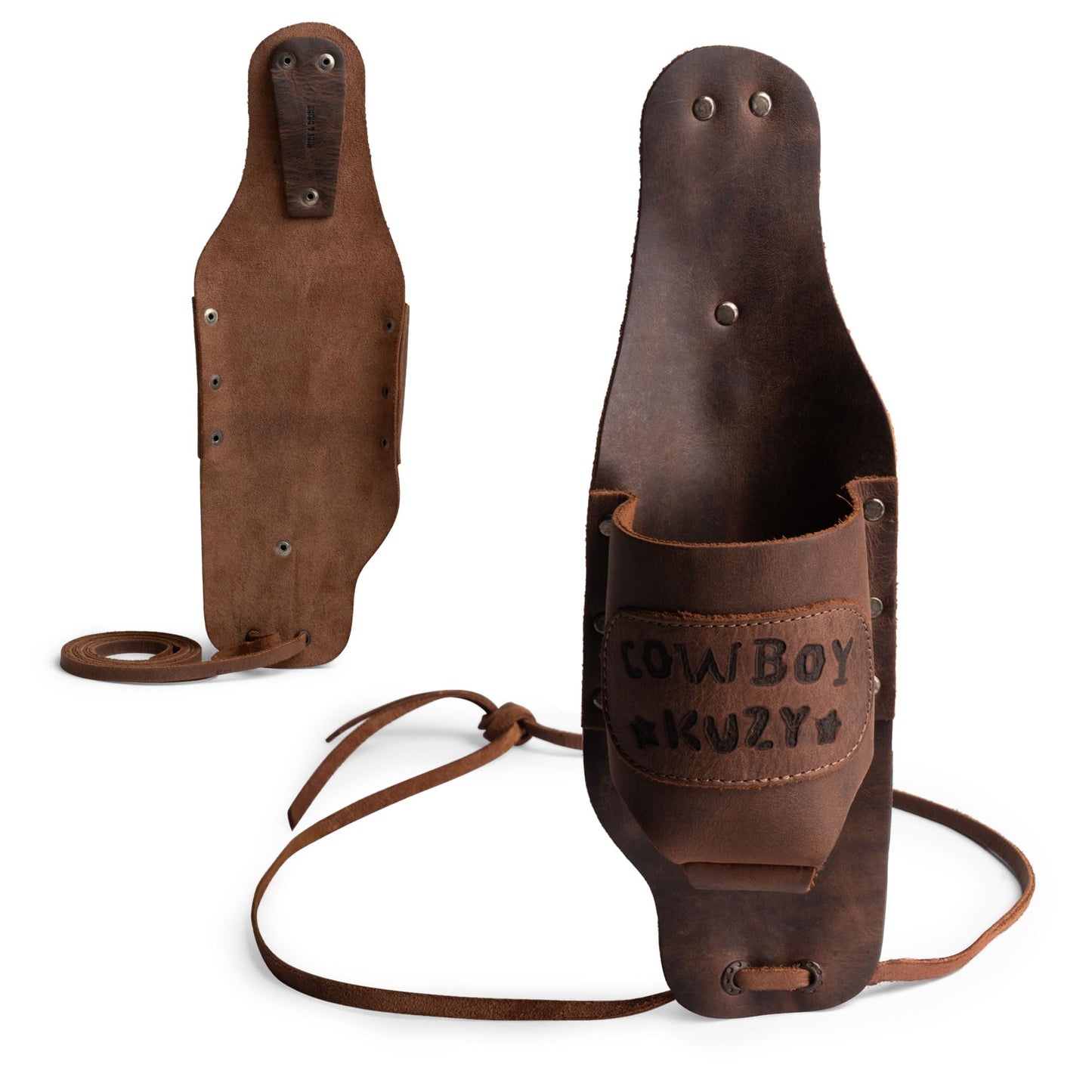 Hide & Drink, Beer Holster for Cowboy, Handsfree Beverage Holder, Western Bottle Leg Grip for Men and Women, Full Grain Leather, Handmade Drinking Accessories, Bourbon Brown