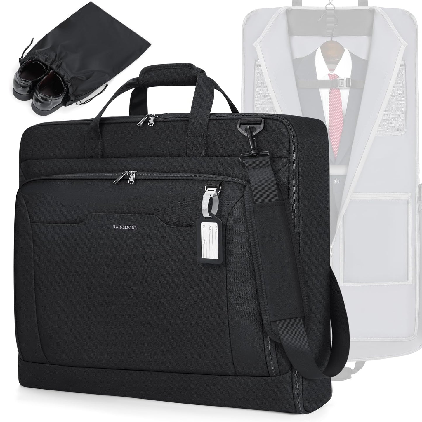 RAINSMORE Garment Bags for Travel Carry On Garment Bag for Hanging Clothes, Suit Bag for Business Trips with Shoes bag & Shoulder Strap, Waterproof Foldable Suit Luggage Bag for Men Women, Black