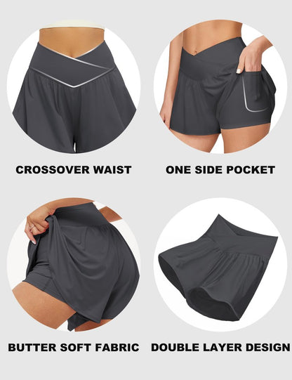 FireSwan Crossover Athletic Shorts for Women 2 in 1 Flowy Running Shorts with Pockets Spandex Butterfly Workout Tennis Skorts Dark Grey