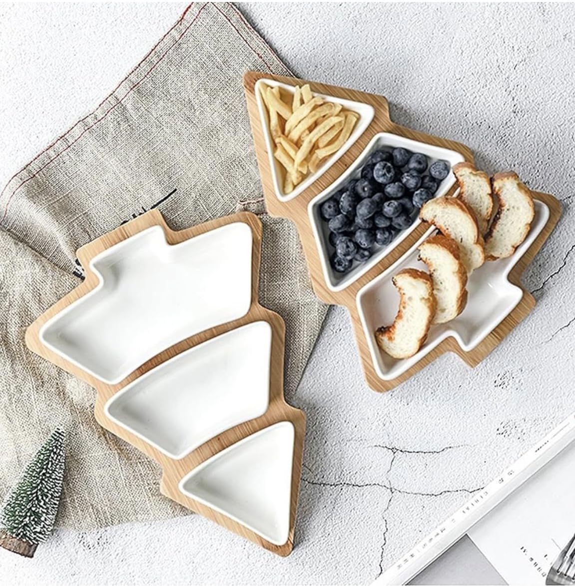 “Christmas Tree Shaped Serving Tray – 3 Tier White Ceramic Plates with Bamboo Stand – Holiday Snack & Dessert Display Platter”