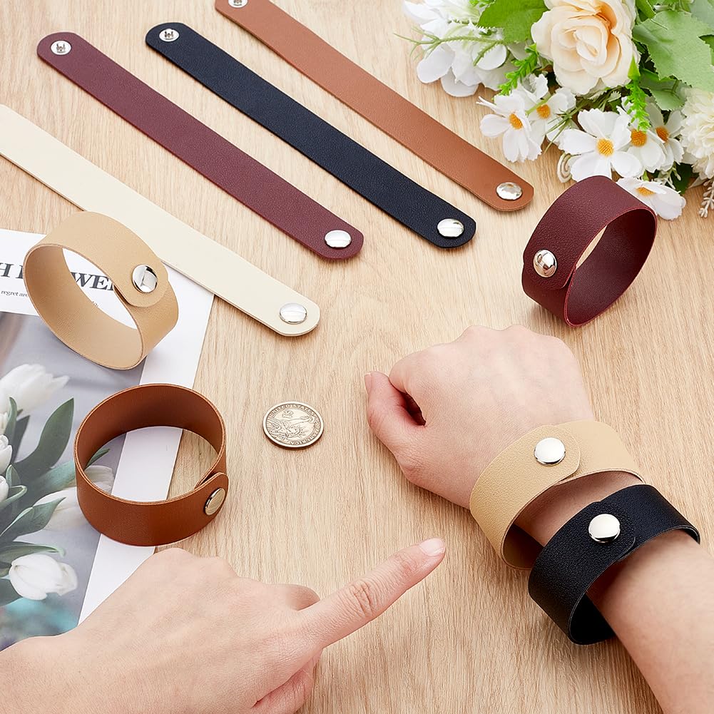 PH PandaHall 20pcs 5 Colors PU Leather Bracelets, 8-3/4 x 1 inch Plain Leather Snap Bracelets Blank Wrist Leather Cuffs Leather Straps with Snaps for DIY Crafts Wristbands Men Women Jewelry Making