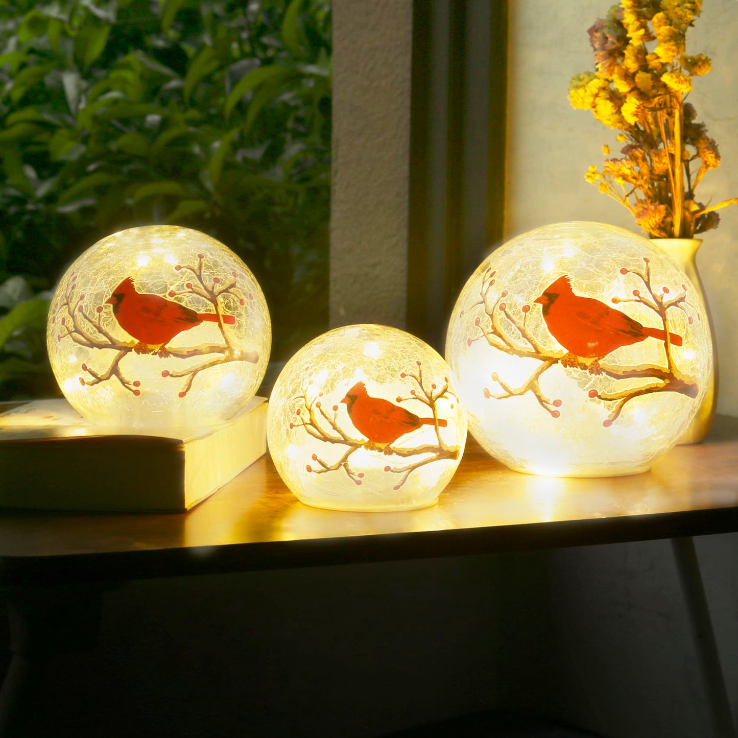 Kaowod Large Crackle Glass Ball Cardinal Lamp, Light Up Red Cardinal Stained Glass Christmas Decor Accent Lamp, Lighted Red Bird Globe Table Light, Led Sphere Desk Lamp