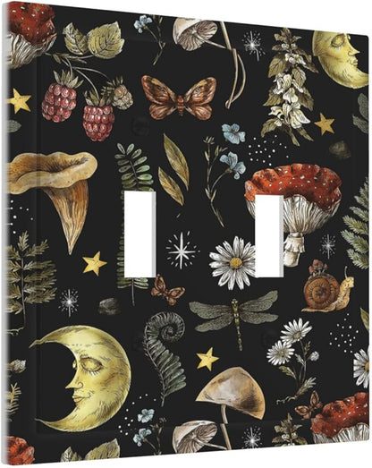 Nature Plant Botanical Daisy Mushroom Snails And Moon Double Toggle Light Switch Cover Decorative 2 Gang Wall Plate Electrical Switchplate Faceplate for Bathroom Decorate Accessories