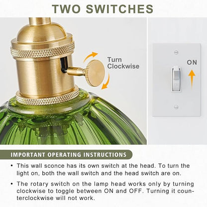 Hardwired Wall Sconce Light, Vintage Wall Sconce with Switch, Gold Wall Light Fixture with Tulip Green Glass Lampshade, Indoor Wall Light for Bedroom Bathroom, Bedside Wall Lamp