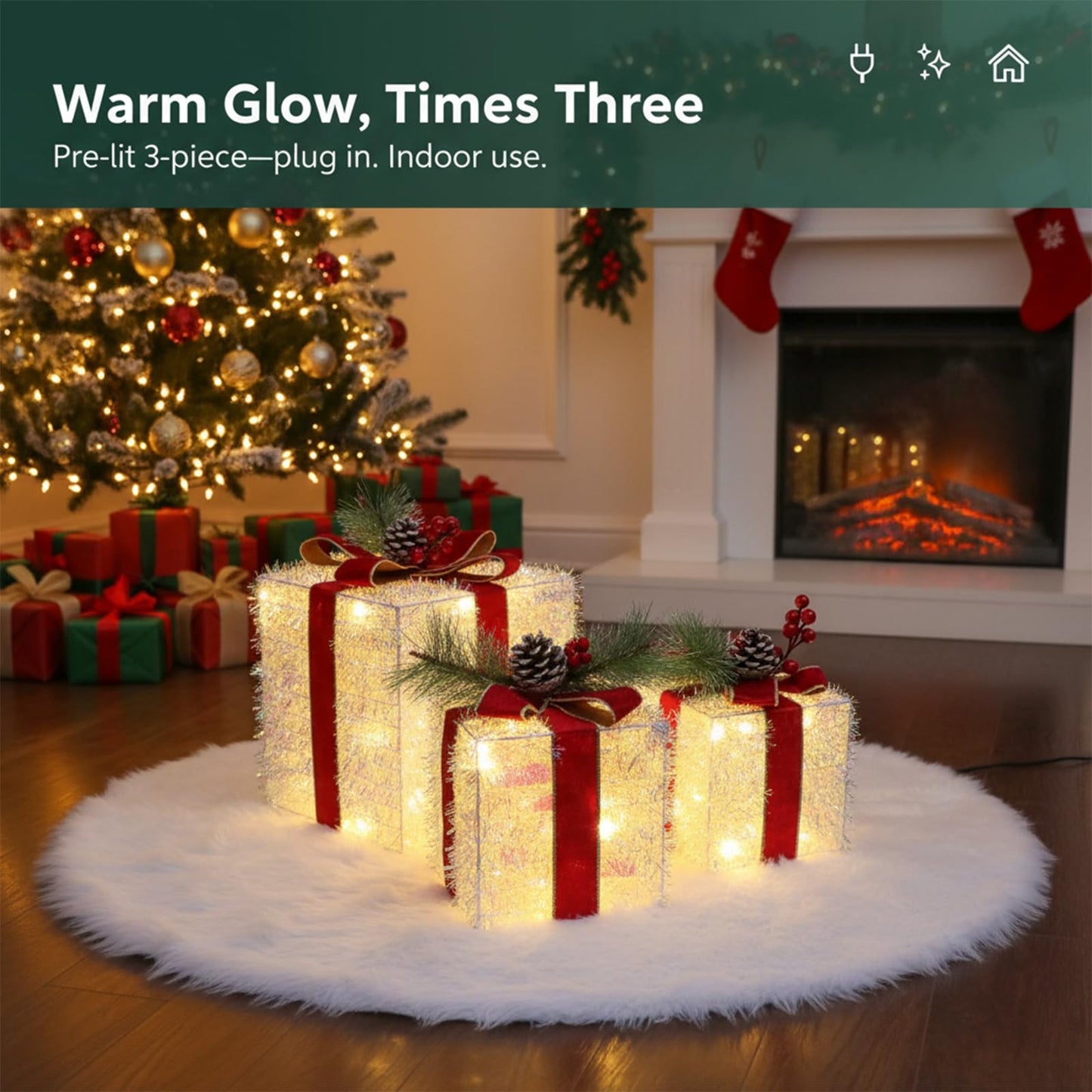 Fulong's Opulent Christmas Lighted Gift Boxes Decor Set of Three Pre-lit LED Presents | Warm White Garden, Porch, Room Decor & Tree Skirt Ornaments | Indoor 60 Lights Set