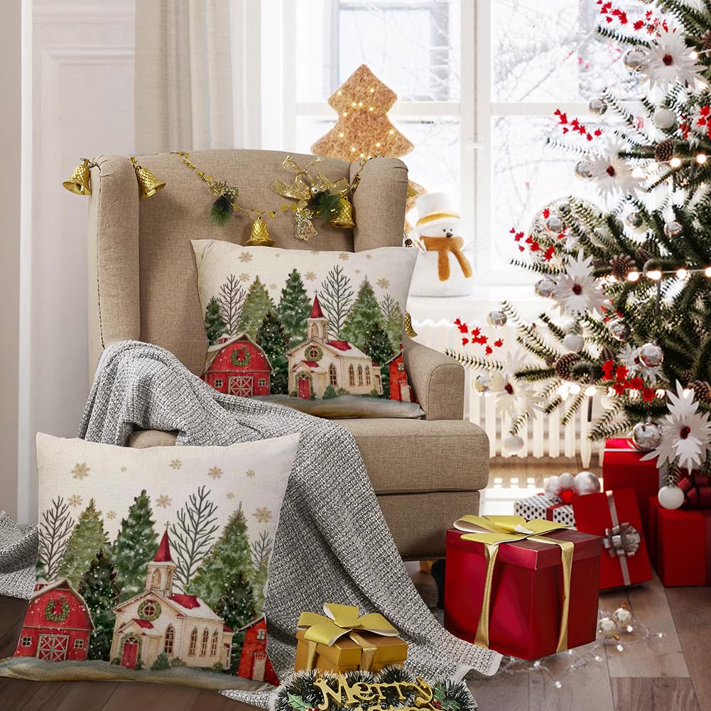 RABUSOFA Christmas Pillow Covers 18x18 Inch Set of 2 Christmas Tree Decoration Golden Snowflake Decorative Throw Pillows Winter Holiday Christmas Decor Farmhouse for Home Couch