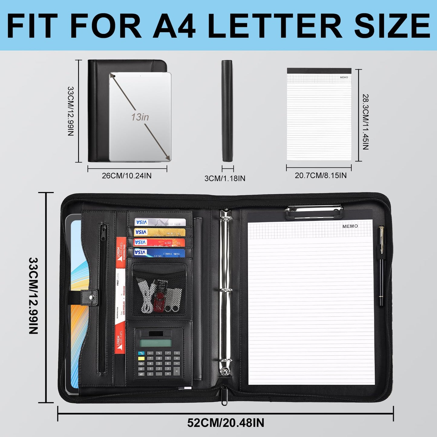 Eshow Padfolio for Men Women, Leather Portfolio with Zipper – Professional Interview Resume Organizer with Card Holder, Writing Pad & File Folders for Business, Lawyer, Student