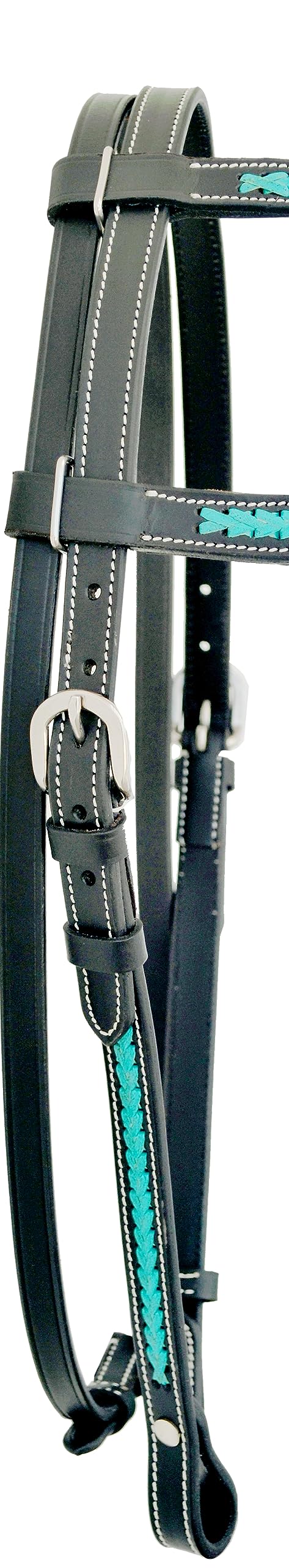 Western Horse Headstall Standard Size – Adjustable Hand Braided Genuine Leather Bridle with Turquoise Rawhide Leather Weaving on Straight Brow Band Western Riding Tack, Black Color Leather (Full Size)