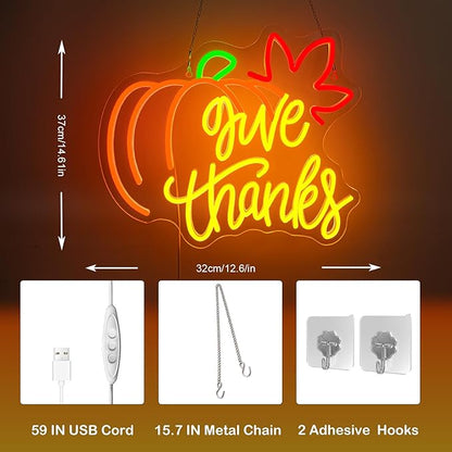 Give Thanks Neon Sign with Light Up Pumpkin LED Neon Light Fall Themed Pumpkins Decor for Bedroom Fall Wall Decor Gift for Teens and Adults