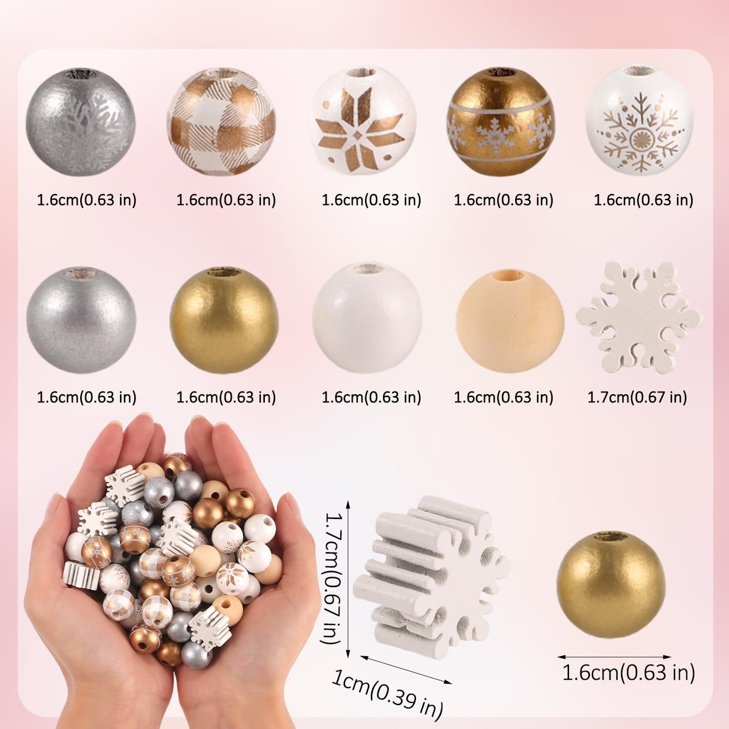 210 Pcs Golden Wood Beads Winter Gold Silver White Snowflake Wooden Craft Beads Bulk for Xmas DIY Garland Necklace Bracelet Jewelry Making Home Decor
