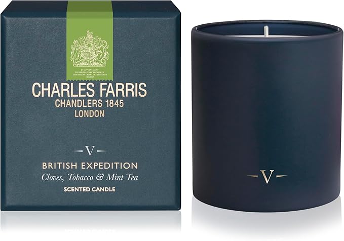 Charles Farris Luxury Scented Candle – 1 Wick, Hand-Poured, Long Lasting, Clean Burning, 210g / 7.5oz, Burns for up to 50 Hours, Made in England – Cloves, Tobacco & Mint Tea – British Expedition