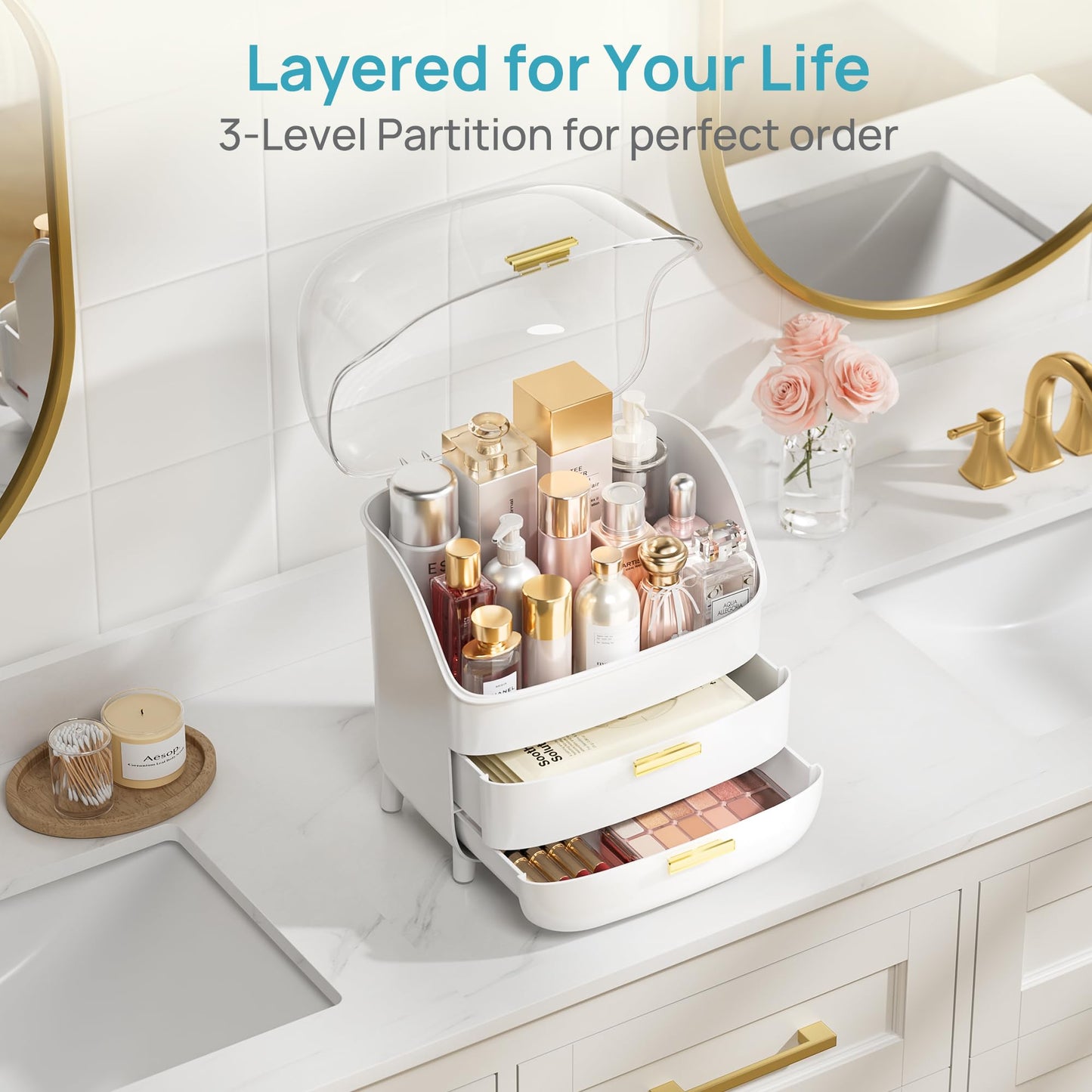 Vtopmart 3-Tier Skincare Makeup Organizer with Drawers and Lid for Vanity and Bathroom Countertop, Large Cosmetic Storage Box Case for Dresser, with Non-Slip Base