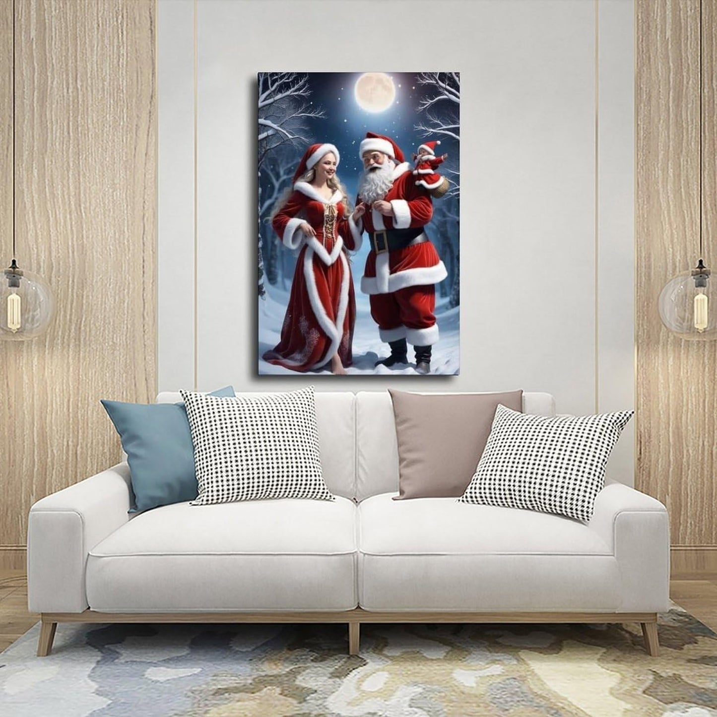 Santa Claus Family Figurine Set Christmas Decorations Including Mrs. Santa Claus Poster Wall Art Decor Print Picture Paintings for Living Room Bedroom Decoration Frame 24x36inch