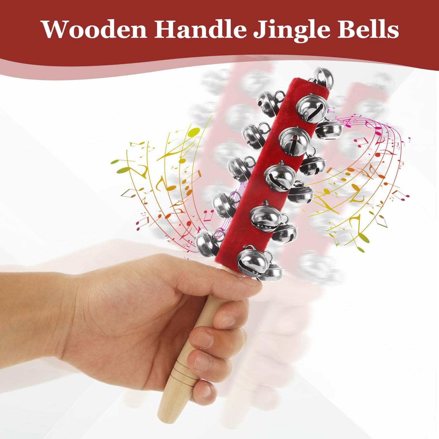 LOLYSIC 6 Pack Christmas Hand Jingle Bells Wooden Handle Sleigh Bells Christmas Stick Jingle Bells Shaker Rattle Musical Percussion Handheld Bells Holiday Xmas Gifts