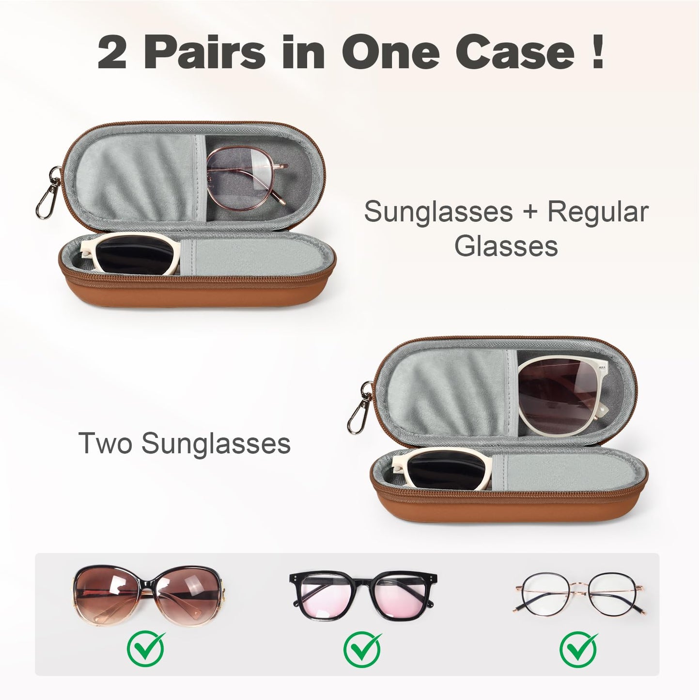 Huvon Double Eyeglasses Case, Dual Glasses Sunglasses Organizer with Zipper Closure, Eyewear Storage Box for Men Women Travel (Brown)