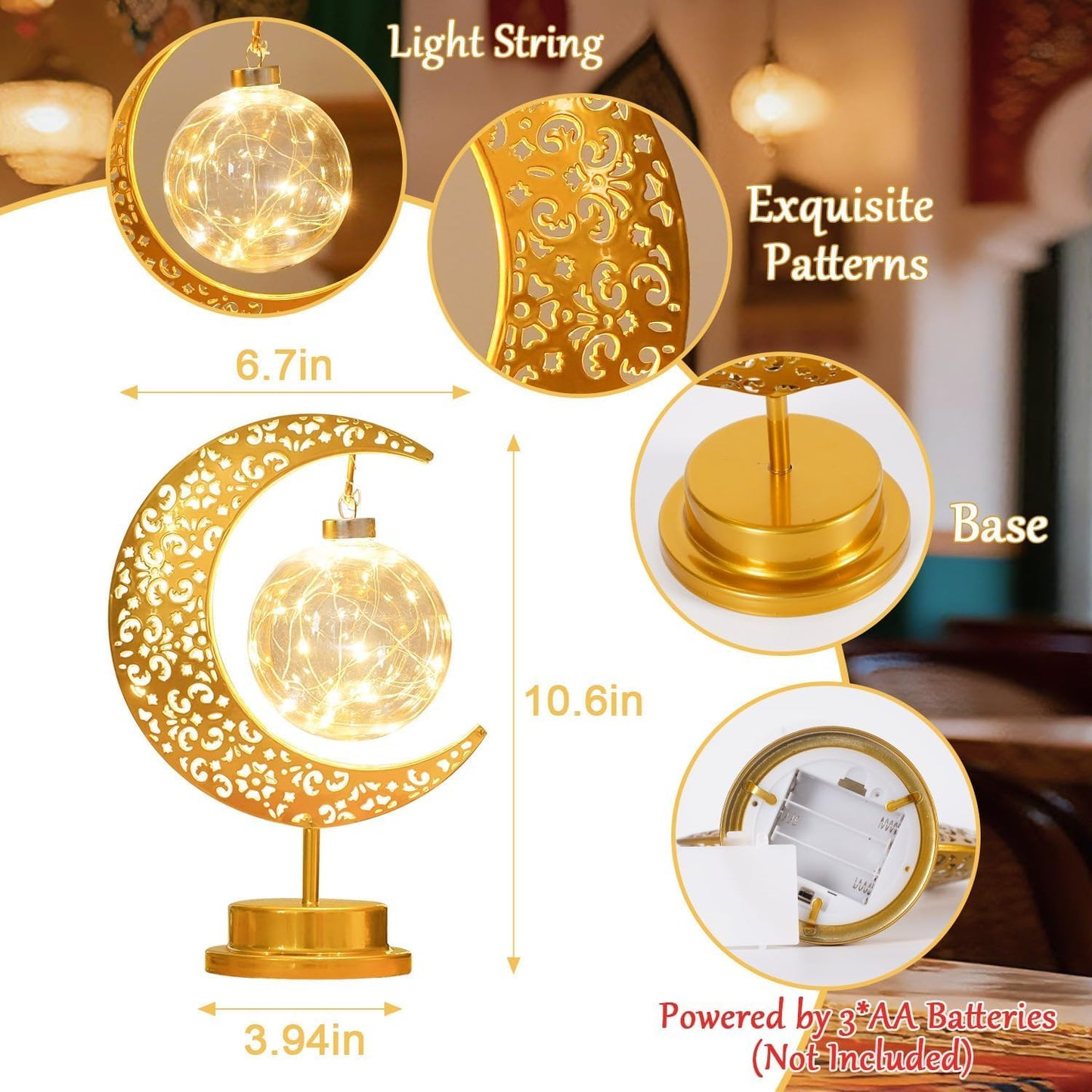 Moon Lamp with Hanging Globe, Decorative Crescent Moon Table Lamp Battery Powered, Retro Metal Islamic Decor LED Night Light for Bedroom Living Room, Gift for Women Birthday Christmas Boho Home Decor