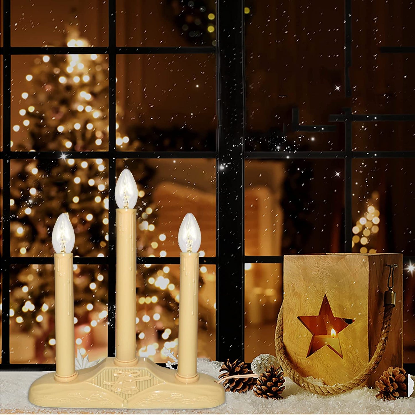 Oviejo 3 Light Christmas Window Candles, Electric Window Candle Lamp Lights Plug in Christmas Candle Lamp with 4 C7 Clear Bulbs (1 Spare Bulbs), Ivory Bases Plug in Candle for Decorations