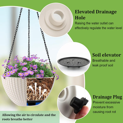 RooTrimmer Hanging Planters for Indoor Outdoor Plants 8/10 Inch, 4 Packs Plant Hanger with Drainage Holes, Hanging Basket Flower Pot Perfect for Home, Office and Garden,White