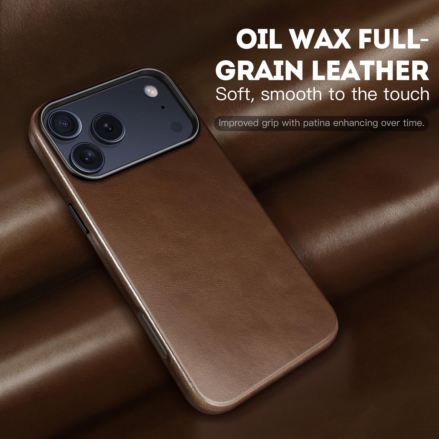 kingflag Genuine Leather Case for iPhone 17 Pro Max 6.9 inch, Oil Wax Full-Grain Leather, Compatible with MagSafe, Metal Buttons and Camera Bezel (Rustic Brown)