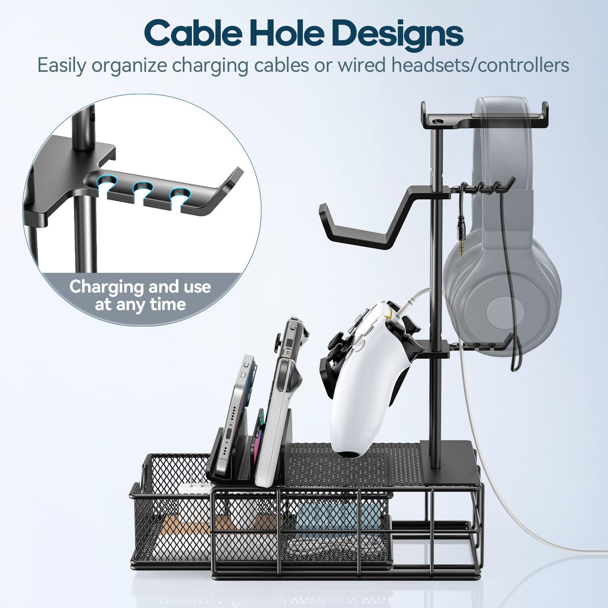 KDD Headphone Stand with Drawer - Headset & Controller Holder for Desk - Aluminum Supporting Bar Earphone Stand with Cable Organizer - Universal Gaming PC Accessories Storage