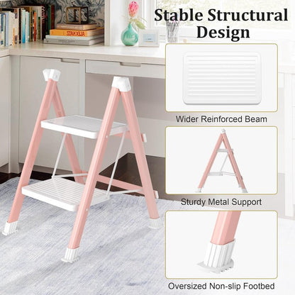 DIAMONDFORGE 2 Step Ladder, Folding Step Stool & Collapsible Stool for Kitchen, 330lbs Capacity with Wide Anti-Slip Pedal & Feet, Sturdy Steel Step Ladder for Home and Office, Pink & White