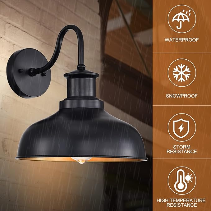 Outdoor Gooseneck Barn Lights, Farmhouse Outdoor Wall Sconces, Rustic Exterior Wall Mount Lights, Vintage Outside Lighting Fixtures, Industrial Black Gold Lanterns for Porch Garage Patio, 2 Pack