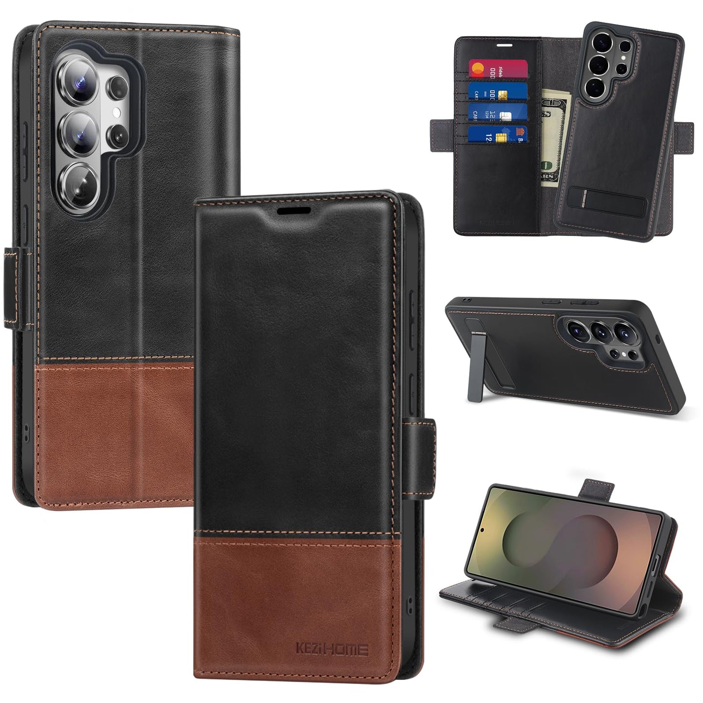 KEZiHOME case for Samsung Galaxy S26 Ultra Magnetic 2 in 1 Detachable Wallet Kickstand Genuine Leather[RFID Blocking] Card Slots Wireless Charging Cover for Galaxy S26 Ultra