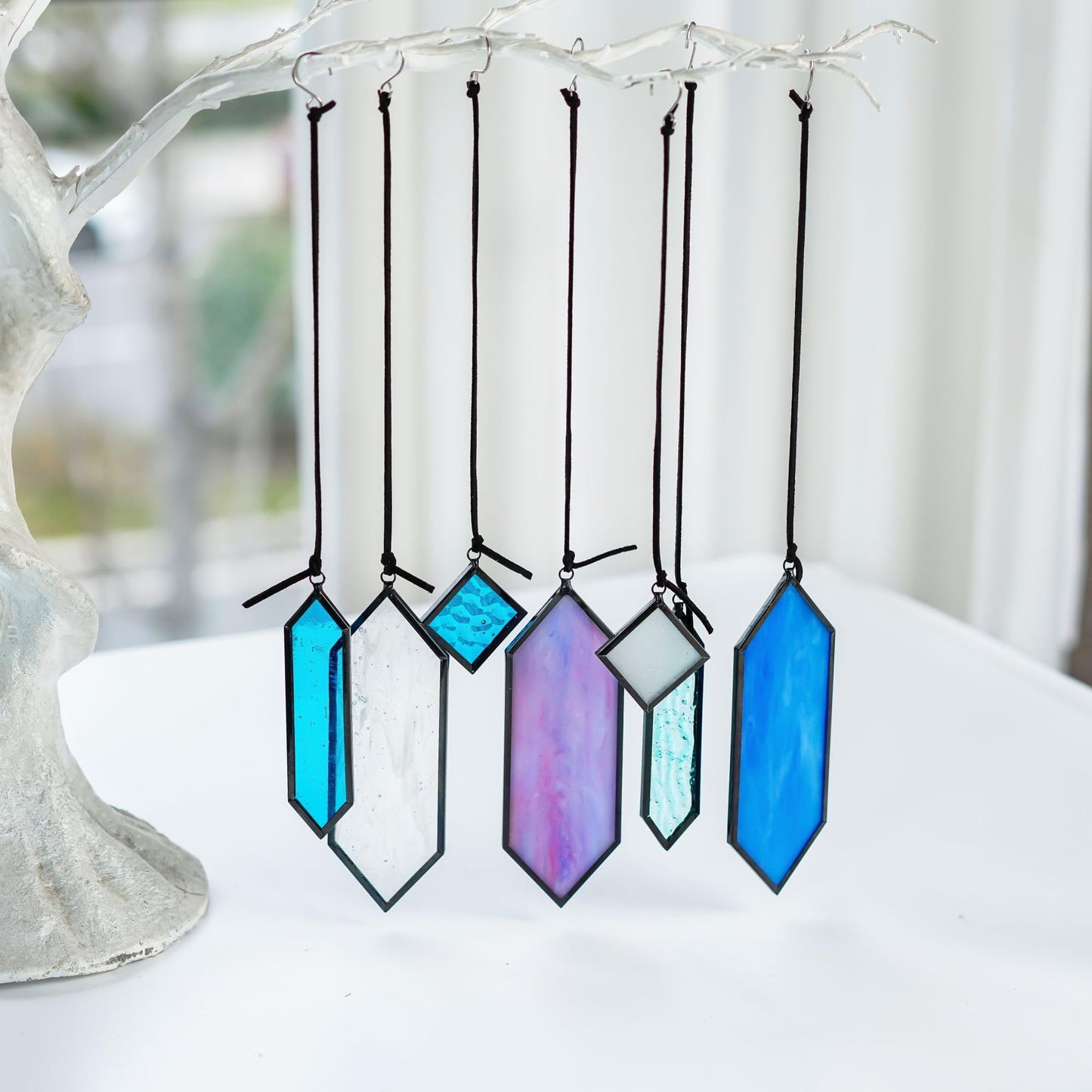 HDCRYSTALGIFTS Stained Glass Window Hanging Suncatchers - 7 Pieces Handcrafted Element Earth Tones Panel Set,Modern Blue Wall Art Sun Catchers Indoor Window Home Garden Decor