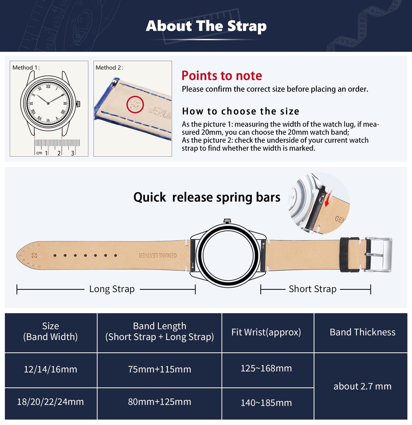 BINLUN Leather Watch Band Replacement Quick Release Genuine Leather Watch Straps 12mm 14mm 16mm 18mm 20mm 22mm or 24mm for Men and Women Black/Brown/Light Brown/Orange (Light Brown, 14mm)
