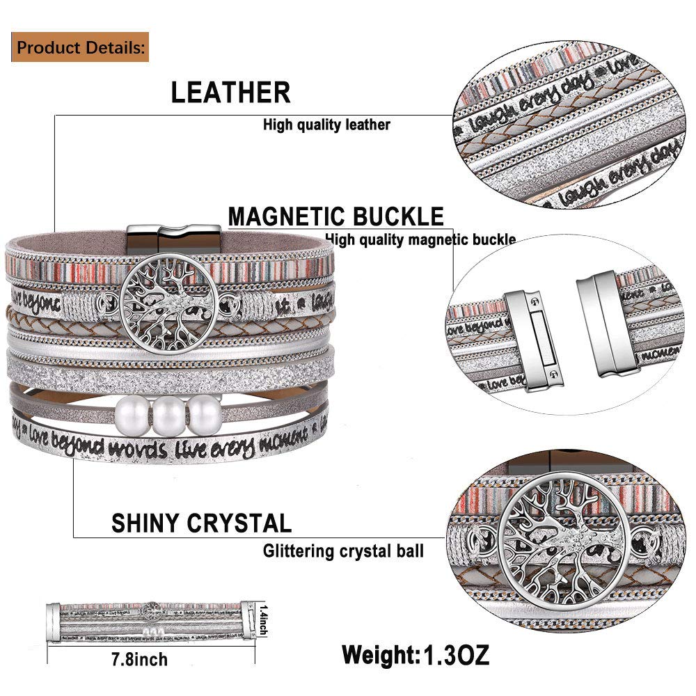 Desimtion Silver Boho Wrap Leather Bracelets for Women Buckle Multilayer Layered Jewelry Gifts Bracelet for Mom Teen Grandma