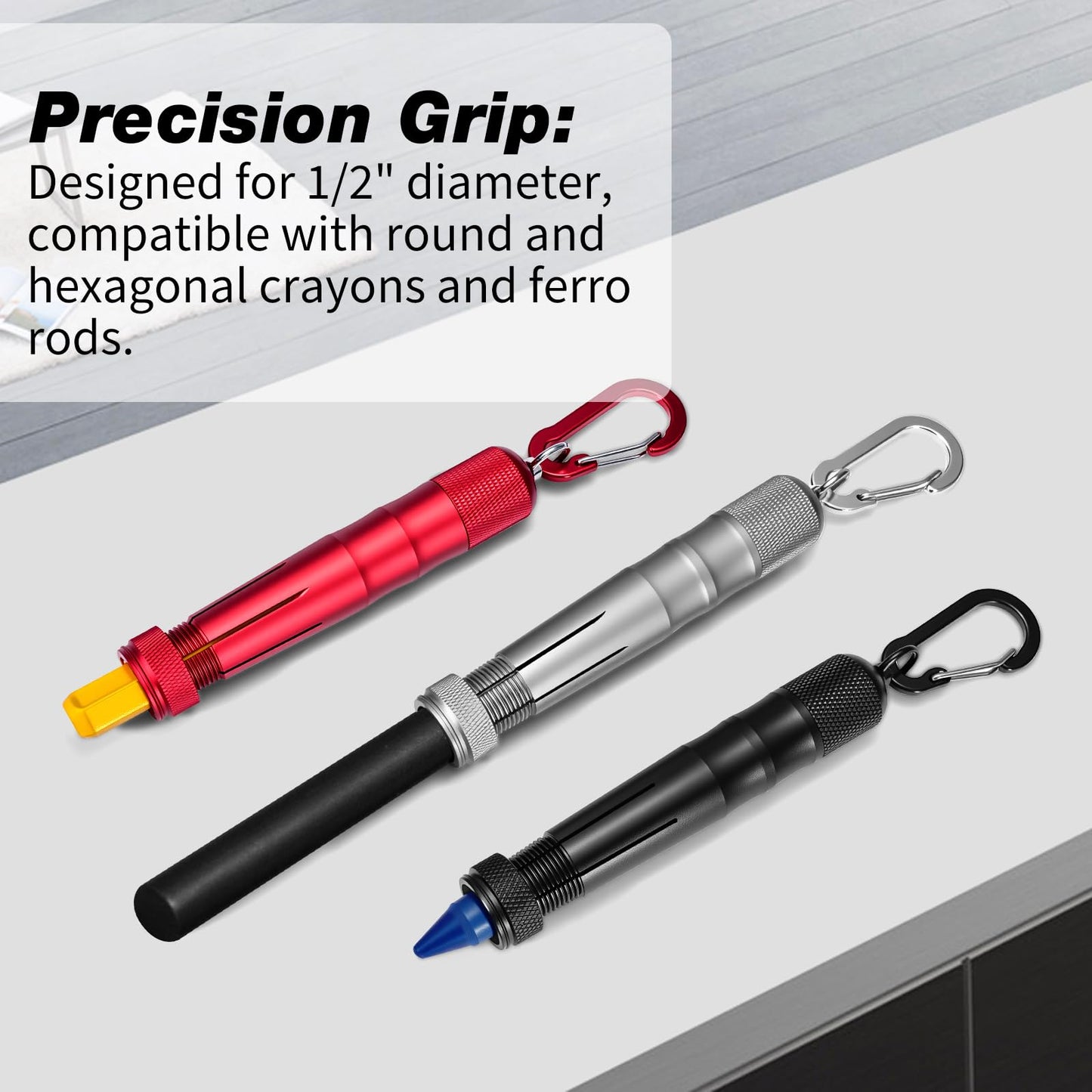 YueMiEcoUS Metal Ambidextrous Lumber Keel Crayon Holder | Contoured Grip Handle | Fits 1/2" Round or Hexagonal Crayons & Ferro Rods | Kio | Construction Carpenter| Black 2 Pack