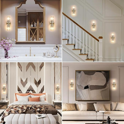 Gold Wall Sconce, Modern Bathroom Sconces Wall Lighting Vanity Light Fixtures with Clear Crystal, Hardwired Brushed Brass Wall Mount Lights for Living Room Corridor Mirror Bedroom Stairs