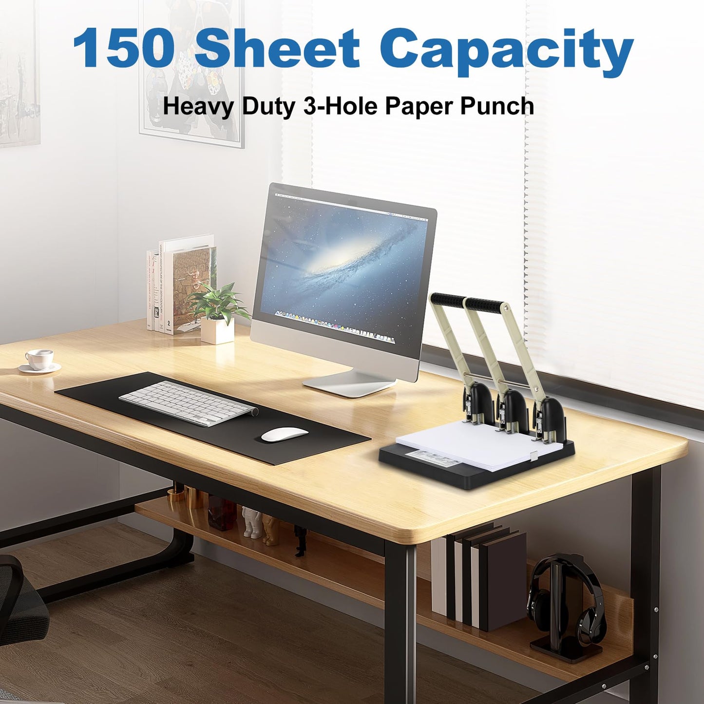 Heavy Duty 3 Hole Paper Punch,150 Sheet Capacity,Ergonomic Handle, Large Capacity Tray and Durable Metal, for Office, Home & Print Shop Use,Replaceable Cutter Head